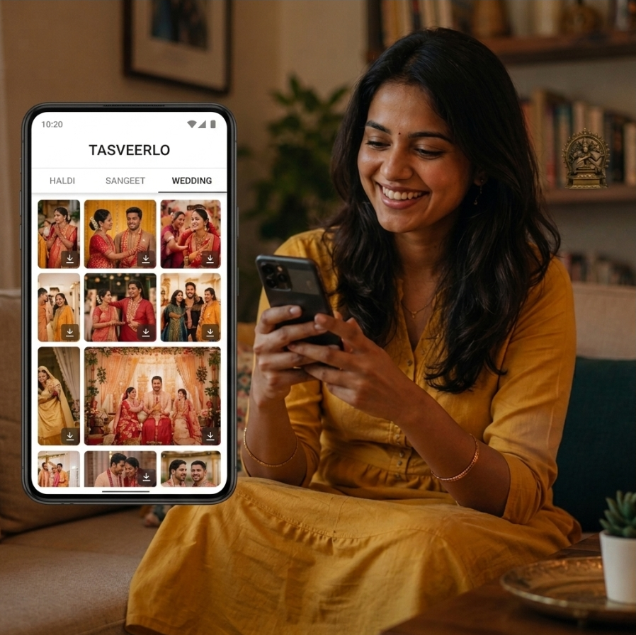 A guest browsing the Haldi, Sangeet and Wedding albums in Tasveerlo