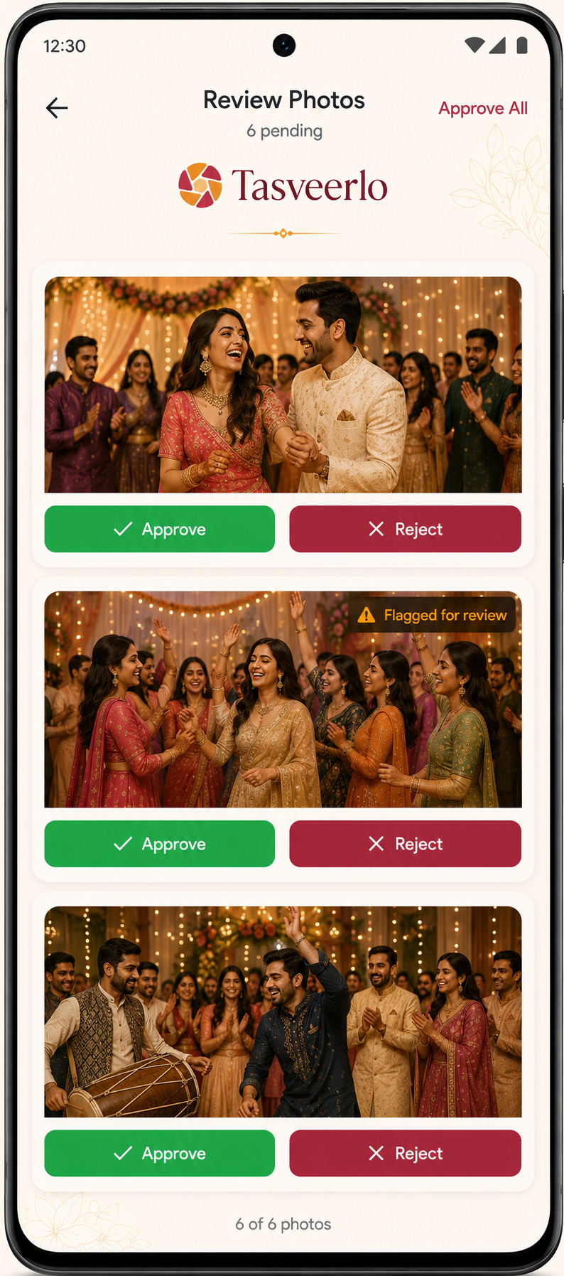 The host review screen with approve and reject controls and six photos pending