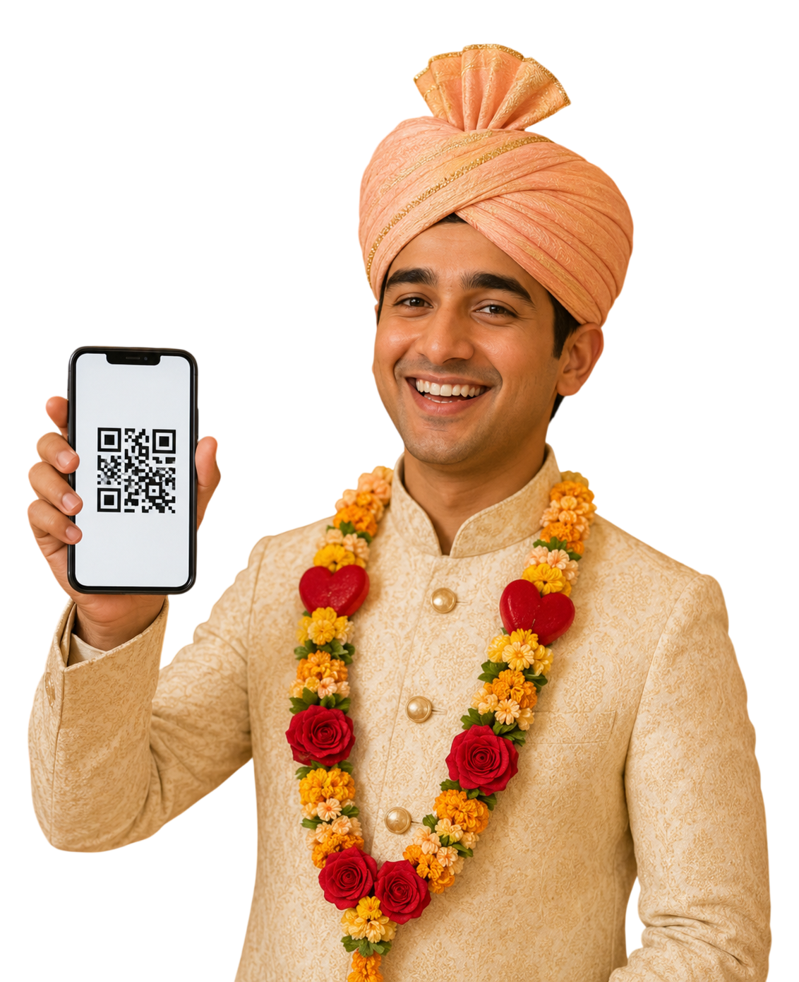 A wedding guest in a sherwani and marigold garland holding up the event QR code on his phone
