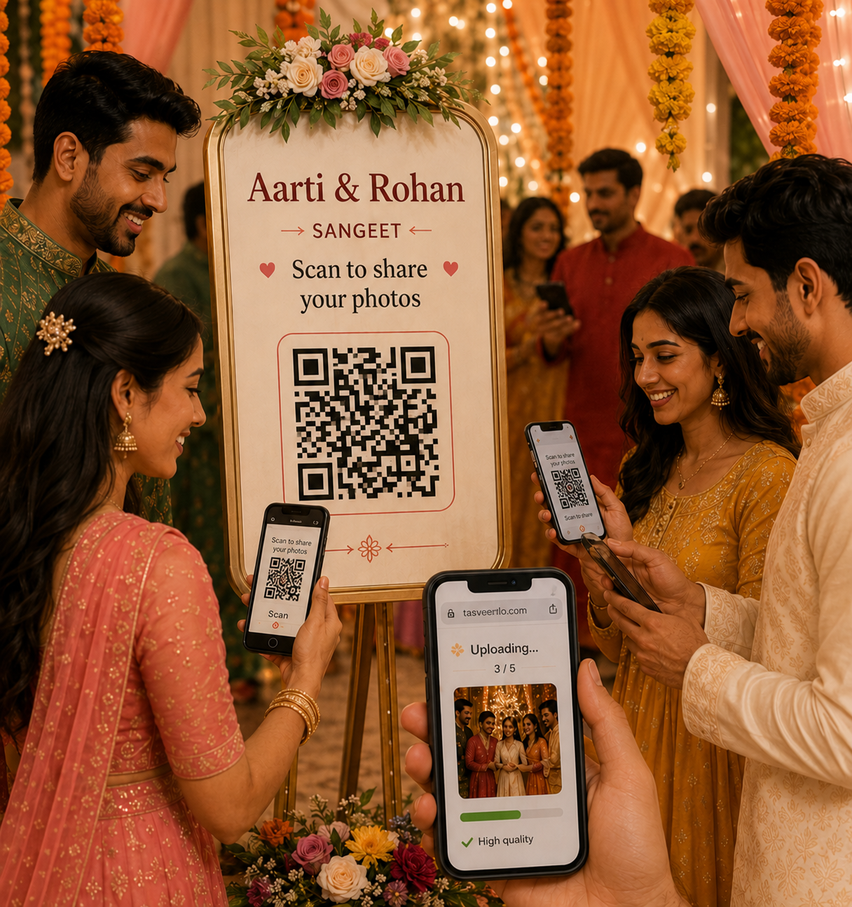 Guests scanning the welcome sign QR code and uploading photos